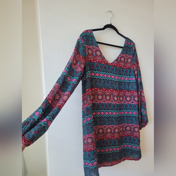 Charming Charlie Vibrant Patterned Long Sleeve Dress Cold Shoulder - Picture 3 of 5